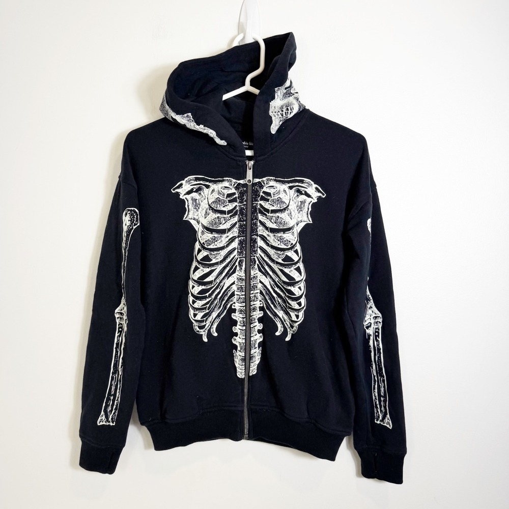 Abercrombie Kids Skeleton Hoodie Boys 15/16 Black Full Zip Relaxed Fit Graphic
